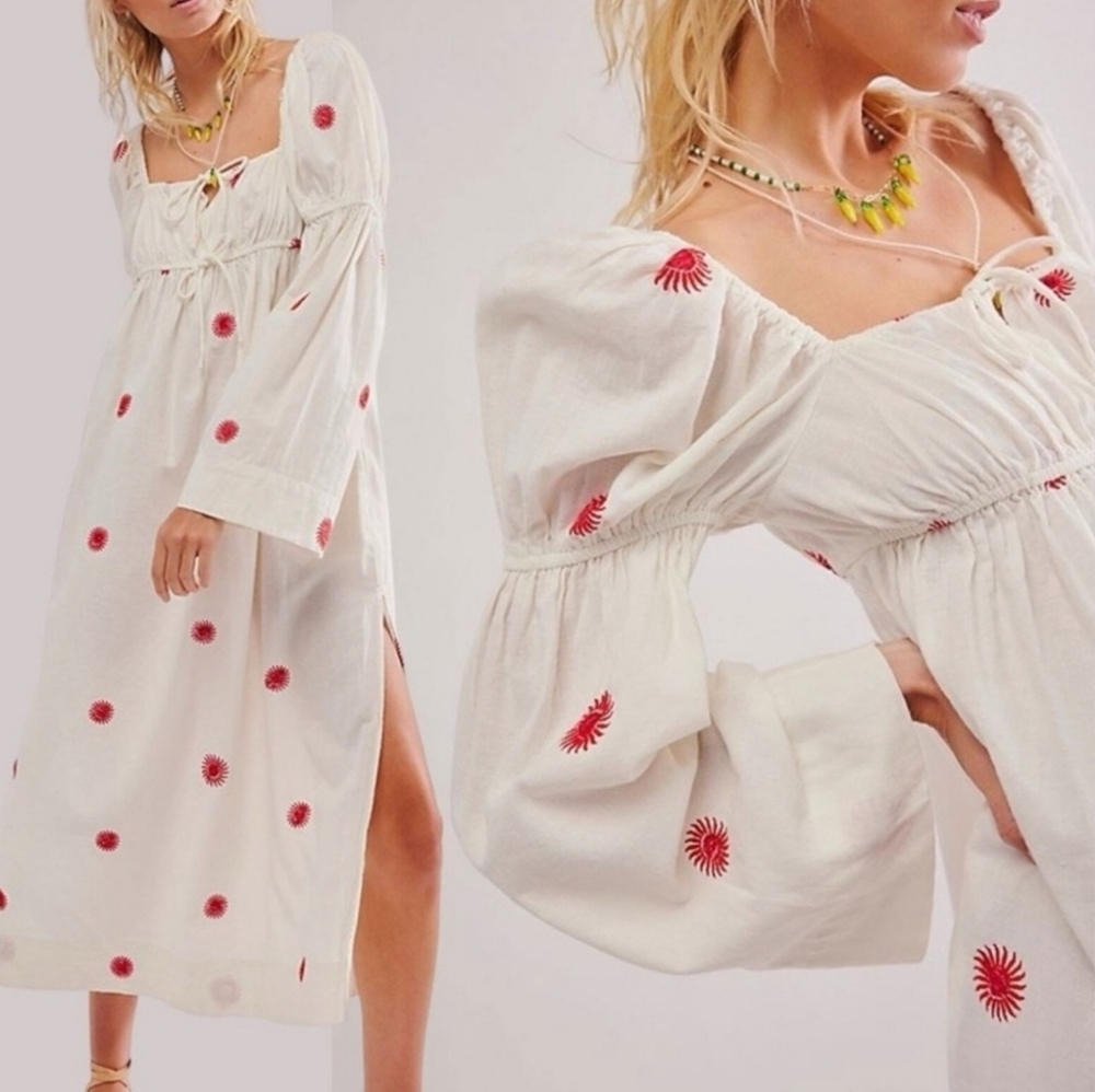 Free People White Midi Dress with Red Sunburst Embroidery